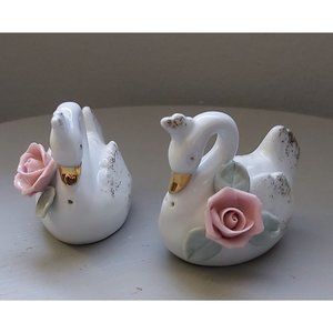 Vintage Swan Salt and Pepper Shakers with Gold and Pink Flowers, Made in Japan